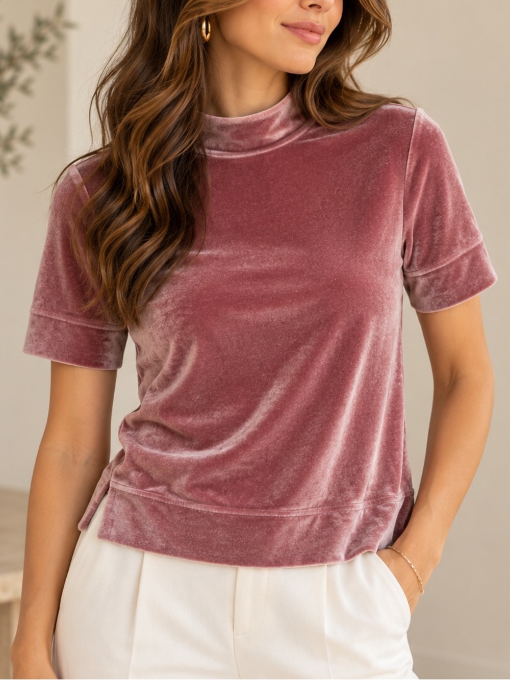Anthropologie Krisha Velvet Mock Neck Top Dusty Pink Small